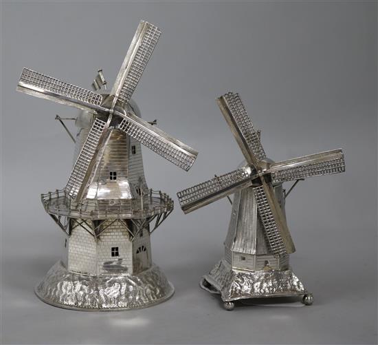 A Dutch large silver model of a windmill and a similar smaller model (2) 20.5 and 15.5cm